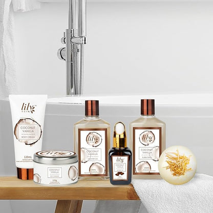 Bath and Body Gift Basket Set for Women - Coconut Vanilla Christmas Gifts for Women, Spa Gift Basket 17-Piece Bath Gift Set Self Care Gifts for Mothers Day, Fathers Day, Birthday Gifts for Her & Him