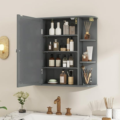 RELAX4LIFE Bathroom Wall Cabinet with Mirror - Medicine Cabinet w/Door & Open Shelves, Over The Toilet Storage Cabinet Organizer, Mirrored Bathroom Cabinet Wall Mount (Grey)