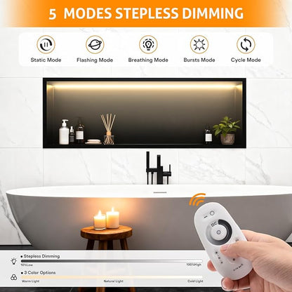 WICHEMI Stainless Steel Shower Niche 36" X 12", No Tile Needed Wall Niche with LED Light, Recessed Shower Shelf for Bathroom Storage Over Mount Installation, Matte Black