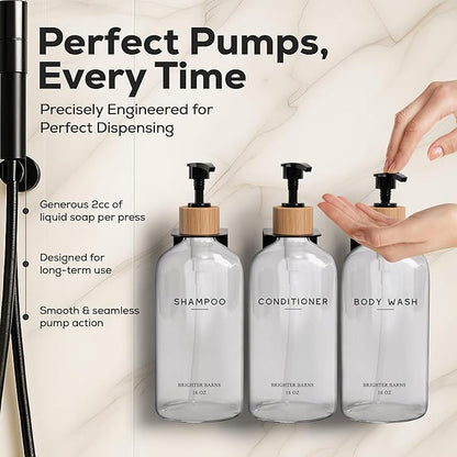 Clear Shampoo and Conditioner Dispenser Set Wall Mounted by Brighter Barns - Plastic Shower Dispenser 3 Chamber No Drill - Refillable Shampoo, Body Wash and Conditioner Bottle for Shower Wall (Clear)