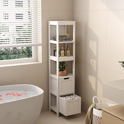 HOMEFORT Bathroom Storage Cabinet, Slim Tall Cabinet, Narrow Floor Cabinet Organizer, Wooden Linen Tower with 2 Drawers and 3 Shelves, Freestanding Cupboard White