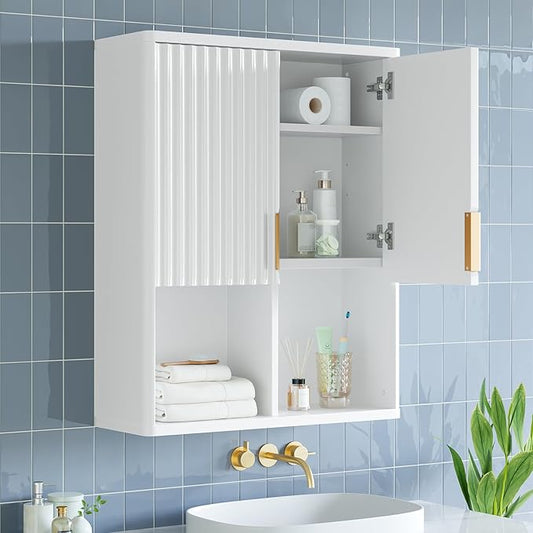 Bestier Fluted Bathroom Wall Cabinet Over The Toilet Storage, 23"x 29" Medicine Cabinet with Adjustable Shelf, Laundry Cabinet Wall Mounted and Kitchen Storage Cabinet(Glossy White)