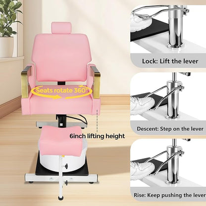 Reclining Pedicure Chair with Stool, Pedicure Station with Foot Massage Basin 360° Swivel Pedicure Chair Hydraulic Adjustable Height for Foot Spa Unit Station Pink