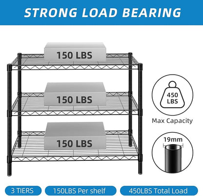 3-Shelf Adjustable Metal Shelf Wire Shelving Unit Storage Rack Display Shelf for Office,Kitchen,Bedroom,Bathroom,Laundry,Pantry Basement,Garage(Black,36" L x 14" W x 30" H)