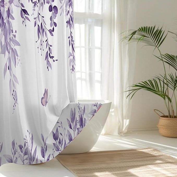 No Hook Shower Curtain and Liner Set, Light Purple Eucalyptus Floral Shower Curtains for Bathroom, Bath Curtain Sets with Snap in Liner, Waterproof with See Through Top Window, 71x74 Inches