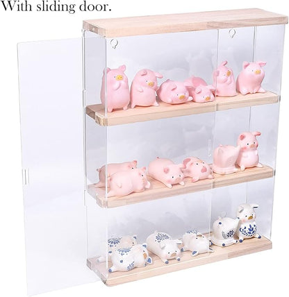Choowin 3 Layer Wall Shelf Clear Acrylic Display Case for Collectibles, Mini Figures, Pop Mart, Labubu, Sonny Angel, Smiski - Assemble Dustproof Acrylic Display Box with Sliding Door (Wood)
