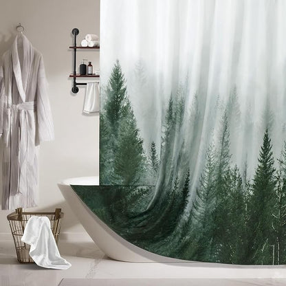 ORTIGIA 84 Inch Long Green Misty Forest Shower Curtain for Bathroom, Nature Woodland Shower Curtain Set with Hooks, Decorative Pine Tree Fog Magic Bath Curtain, Waterproof Fabric, Weighted, 72x84