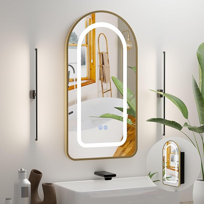 LED Arched Bathroom Medicine Cabinet with Mirror, No Assembly Needed, Recessed or Surface Mount Wall Storage Cabinet, Mirror Cabinet with Tissue Slot (Gold-LED, 29.5" L x 15.7" W)