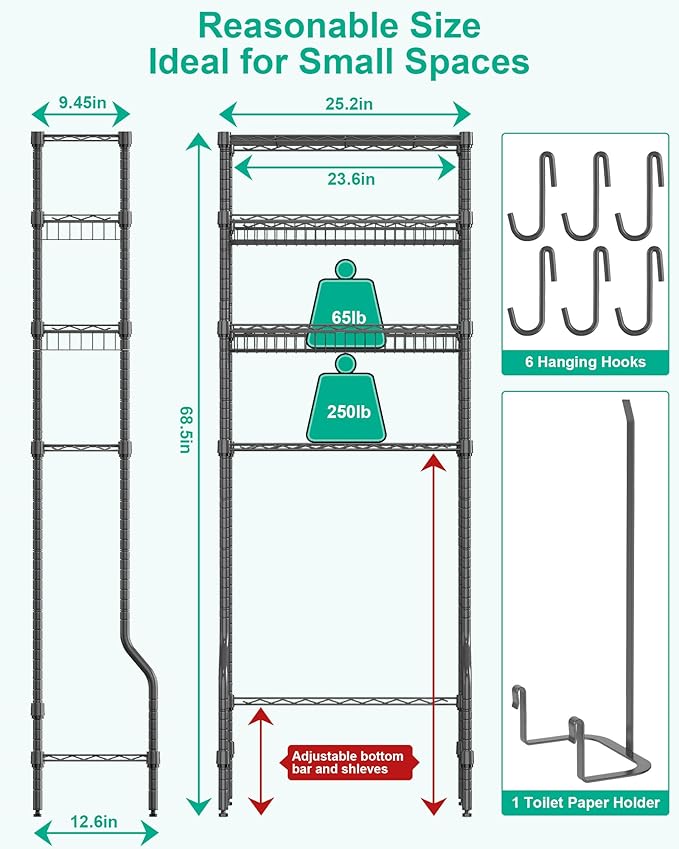 Bathroom Organizer Over The Toilet Storage, 4-Tier Metal Bathroom Over Toilet Storage Shelf Rack Freestanding Space Saver with Adjustable Shelves and Baskets, Black