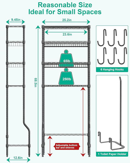 Bathroom Organizer Over The Toilet Storage, 4-Tier Metal Bathroom Over Toilet Storage Shelf Rack Freestanding Space Saver with Adjustable Shelves and Baskets, Black