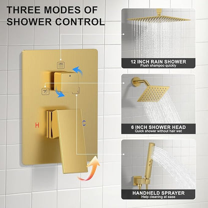 Shower Faucet Set, Ceiling Mount Rainfall Shower Head System 12" + 6" Dual Rain Shower Head Sets with 2 in 1 Handheld Spray for Bathroom with Rough-in Valve and Shower Trim Kit, Brushed Gold