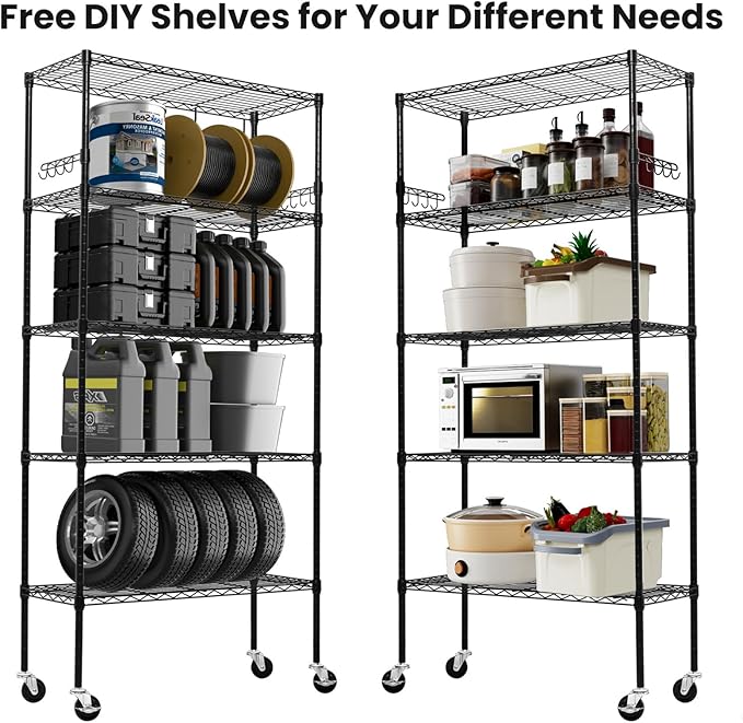 Storage Shelves 75"H Wire Shelving Unit with Wheels 1750LBS Heavy Duty Metal Shelves for Storage Adjustable 5-Tier Garage Storage Rack Kitchen Pantry Shelves Rolling Shelf on Casters, 14"D x36"W x75"H