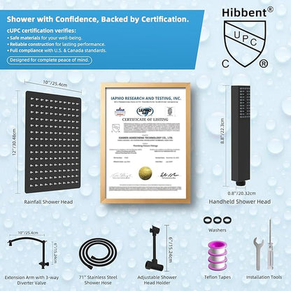 Hibbent All Metal CUPC Certified 12'' Rainfall Shower Head, Dual Shower Head Combo, High Pressure Handheld 4 Sprays Shower Wand, 16'' Adjustable Extension Arm, 71'' Hose, Shower Holder, Matte Black