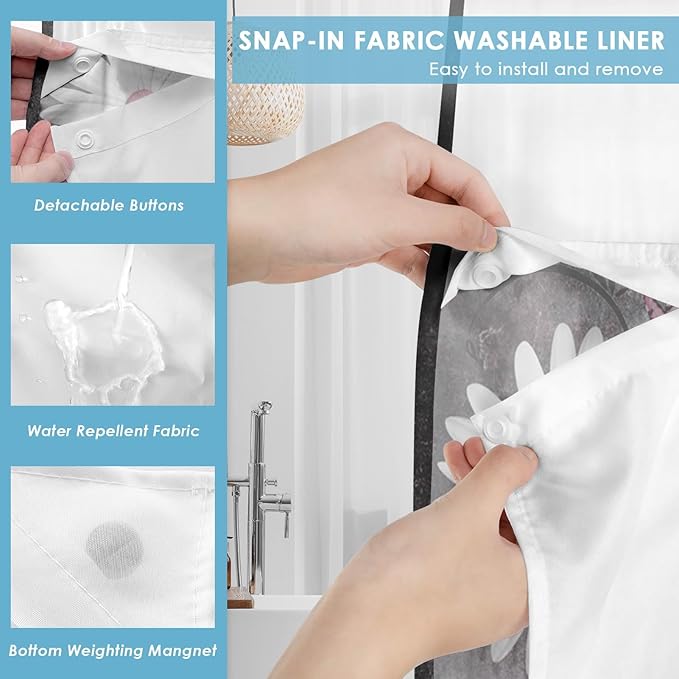 No Hook Pink White Daisy Butterfly Shower Curtain with Snap in Fabric Liner Set, Grey Farmhouse Double Layers Waterproof Fabric with See Through Top Window Open Grommet Bath Curtain 71x74 Inch