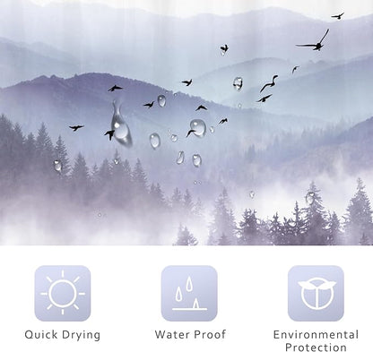 Riyidecor Purple Shower Curtain，Mountain Shower Curtains for Bathroom Nature Woodland Scenery Landscape Rustic Pine Tree View for Mens Natural Fabric Polyester Waterproof 12 Pack Hooks 60Wx72H Inch