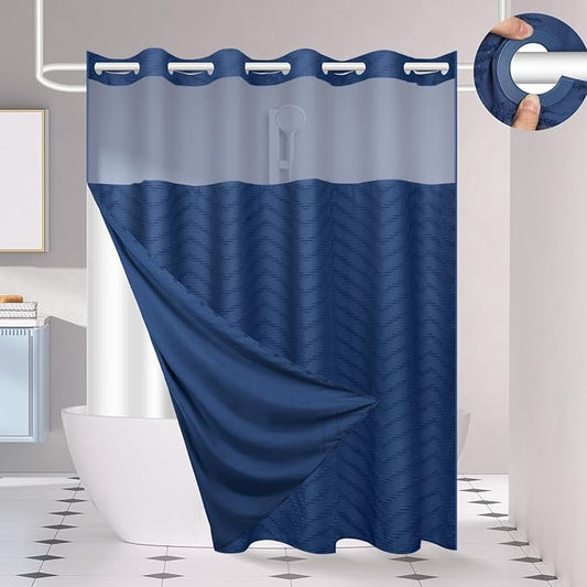 No Hook Shower Curtain and Snap in Liner Set Navy Blue Tufted Chevron Striped Cloth Waterproof Washable Fabric Boho Bath Curtain with See Through Mesh Top Window for Bathroom Hotel 71" x 74"