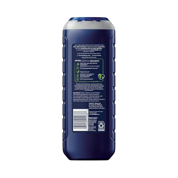 NIVEA MEN Maximum Hydration Body Wash for Dry Skin, Aloe Vera Enriched, 3-in-1 Moisturizing Body Wash, Face and Hair, Paraben Free, Vegan Formula, 16.9 Fl Oz Bottle