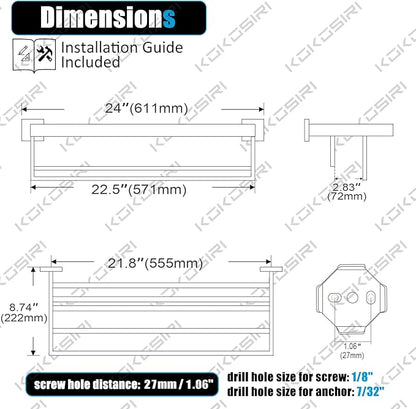 KOKOSIRI Matte Black Towel Rack 24'' Bathroom Towel Shelf with Double Towel Bars SUS304 Stainless Steel Wall Mounted, B6003BK