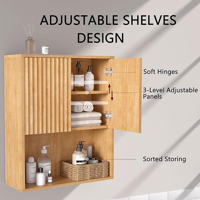 Fluted Bathroom Wall Cabinet Over The Toilet Storage,Wall Mounted Cabinet with Adjustable Shelf,Floating Cabinet Organizer Hanging Cabinet,Kitchen and Laundry Room Cabinets (Oak-2 PCS)