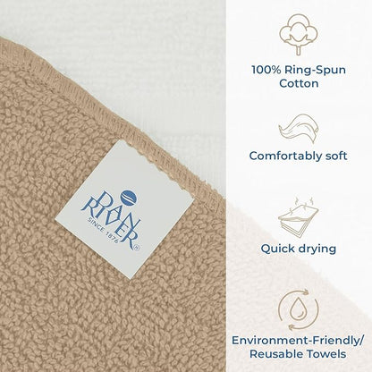 DAN RIVER 100% Cotton Washcloths 20 Pack Premium Quality Face and Body Cloth, Quick Dry Essential Towels for Bathroom, Hand, Kitchen & Cleaning, Baby Washcloths | 11X11 in | 400 GSM | Tan + White