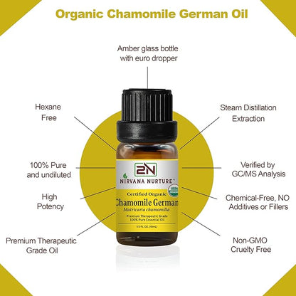 Chamomile German Essential Oil USDA Certified Organic, 100% Pure Natural Premium Grade, Undiluted- Aromatherapy Diffuser for Calm and Relaxation, Skin Care, Hair Care