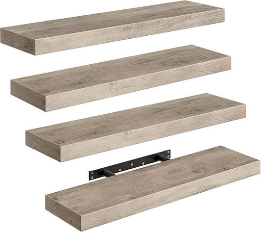 Floating Shelves for Wall, 1.5" Thick Wall Shelf Set of 4 with Invisible Brackets, 23.6L x 7.9W Hanging Shelves Farmhouse Home Decor for Bathroom, Living Room, Bedroom, Greige 6301BJP4BG