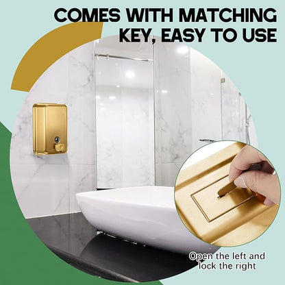 Maxdot 2 Pcs 37 oz/1100 ml Commercial Stainless Steel Soap Dispenser Wall Mount with Corrosion Proof Lining and Manual Anti Leak Pump for Home Bathroom Accessories Kitchen (Gold)