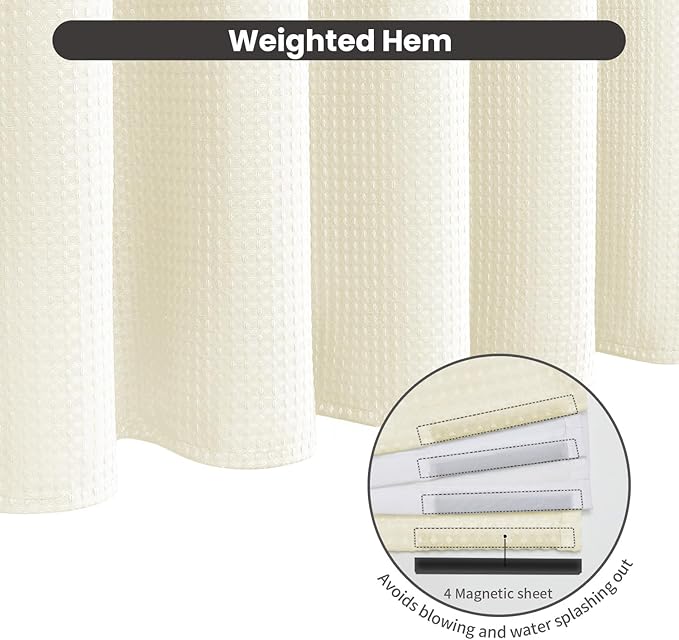 Inhousolu No Hook Waffle Weave Shower Curtain with Removable Snap in Fabric Liner Set for Bathroom, 230 GSM Heavy Duty Weighted Hem, Water Repellent Washable Bath Curtains, 72 x 84 Inch, Ivory