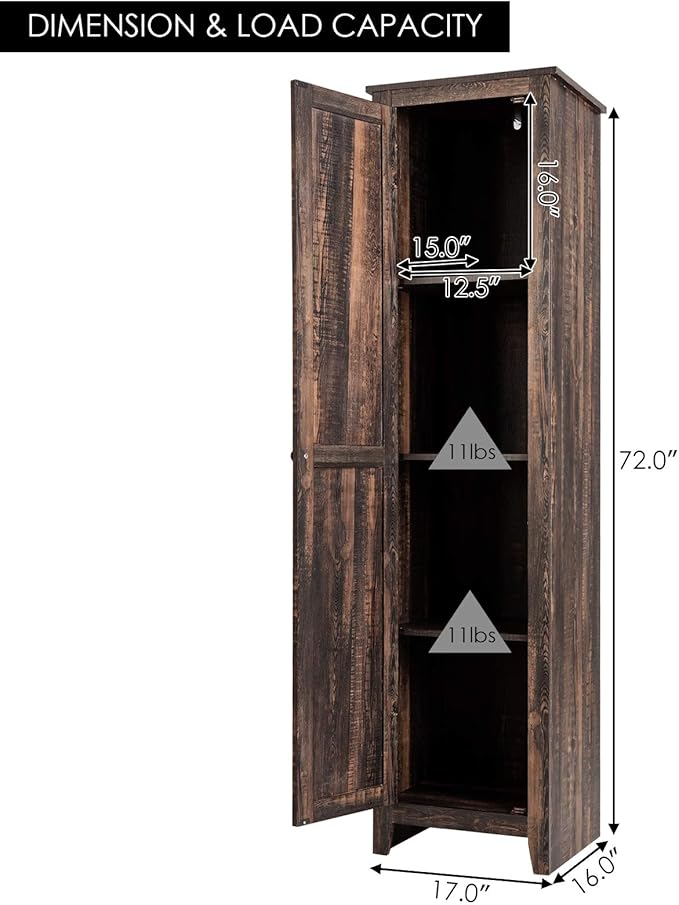 Giantex Tall Storage Cabinet Free Standing Floor Storage Tower with Four Shelves and Single Door, Narrow Cabinet for Bedroom, Living Room, Bathroom 17x16x72 Inch Utility Storage Cabinet (Coffee)