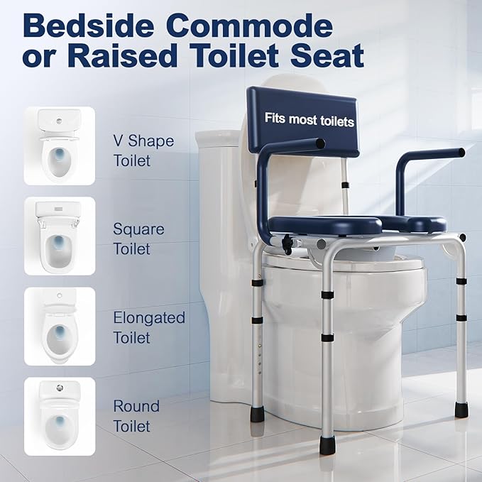 Drop Arm Bedside Commode, Commode Toilet with Padded Seat and Backrest, 400lbs Capacity, 6.3QT Removable Bucket and Splash Guard, Adjustable Height Portable Toilet for Adults, Blue