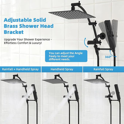 Hibbent All Metal CUPC Certified 10'' Rainfall Shower Head, Dual Shower Head Combo, High Pressure Handheld 4 Sprays Shower Wand, 16'' Adjustable Extension Arm, 71'' Hose, Shower Holder, Matte Black