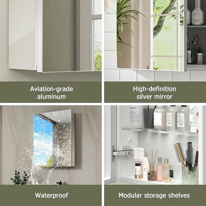Bathroom Medicine Cabinet with Mirror, 14x18 Recessed or Wall Mirror Medicine Cabinet with Storage Adjustable Glass Shelves, Beveled Edge Mirrored Door with Aluminum Cabinet Hinges