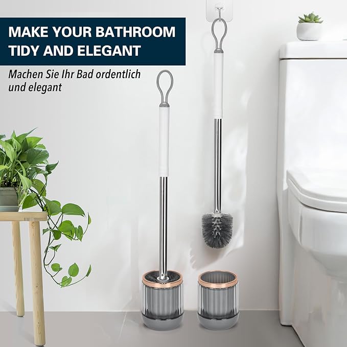 Toilet Bowl Brush and Holder 2 Pack Long Handle Toilet Brush for Bathroom with Separate Base for Floor and Wall Mounted Plastic Toilet Brush Set Under The Rim Household Cleaning (White)
