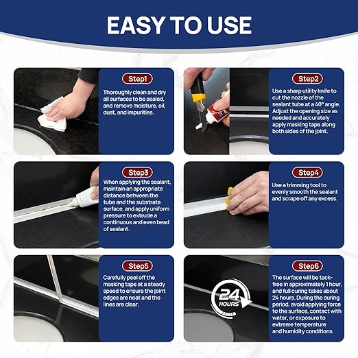 Silicone Caulk 4.23 Fl Oz for Kitchen & Bathroom - White, Waterproof Silicone Sealant for Window Toilet Sink Door Caulking Sealant Stronger Adhesion Shrink & Crack Proof (2 Pack)