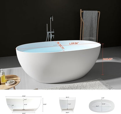 SJ STAR&JANE 59" Freestanding Solid Surface Bathtub, Oval Stone Resin Soaking Tub Stand Alone Tub with Pop-up Drain & Overflow Matte White