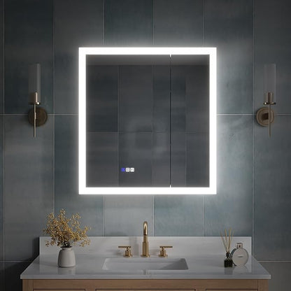 WELLFOR 30 x 32 Inch LED Medicine Cabinet with Lights, 3X Magnification Makeup Mirror, Bathroom Vanity Mirror Cabinet with Storage, Anti Fog, Surface or Recess Mount, Double Opening Door
