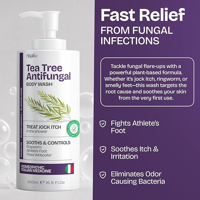 Antifungal Tea Tree Body Wash - Antibacterial Body Wash for Jock Itch, Eczema, Back Acne, Ringworm Treatment for Humans | Antibacterial Soap For Men & Women with 1% Tolnaftate & Tea Tree Oil - 16.9 oz