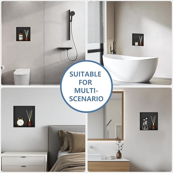 Homevacious 12“ x 12" x 4" Stainless Steel Shower Niche No Tile Needed Matte Black Bathroom Shelf Rimless Recessed Wall Niche for Bathroom Storage