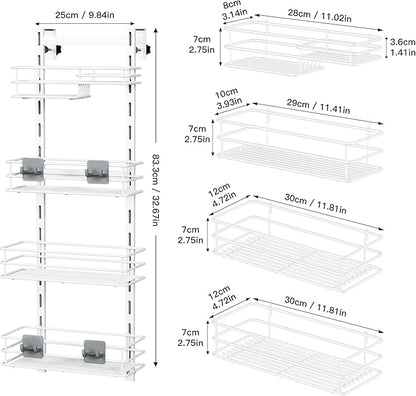 Orimade Over The Door Shower Caddy Adjustable 4 Tier White,Bathroom Hanging Organizer Shelf Rustproof with 4 Hooks,Shower Basket with Soap Holder and Suction Cup