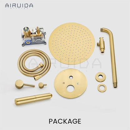 Airuida Shower Fixtures 2 Functions Shower Faucet Set Wall Mounted for Bathroom High Pressure Brass Handheld Shower with Rough-in Valve Round Rainfall 12 Inch Shower Head Brushed Gold