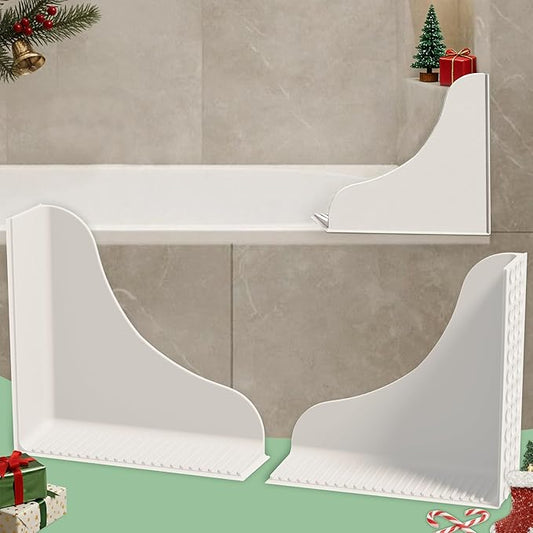 No-Adhesive 2-Pack All-Silicone Shower Splash Guard with Strong Suction Cups, Reusable Bath Tub Corner Water Blocker for Secure Seal&Easy Removal，Keep Water in Shower or Bath, One-Piece Design, White