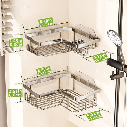 SWTYMIKI Shower Caddy Corner with Soap Holder, 2-Tier Stainless Steel Corner Shower Organizer with 11 Hooks, No Drilling & 6 Strong Adhesives Bathroom Shelf Organizer, Silver - 2 Tier