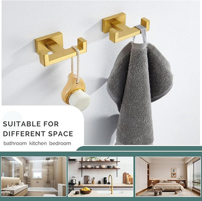 Angle Simple Double Towel Hook Brassy Gold 2 PCS, SUS304 Stainless Steel Bathroom Hand Towel Holder, Double Robe Hook for Wall