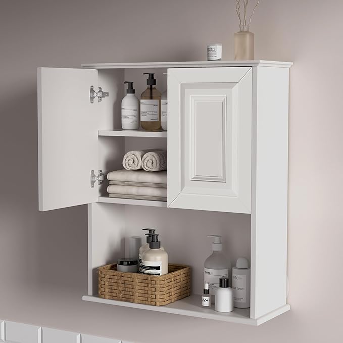 White Bathroom Wall Cabinet,Over The Toilet Storage Cabinet,Bathroom and Laundry Wall Mount Storage Medicine Cabinet with Open and Adjustable Shelf,Easy Assembly (Style B-1 PC, White)