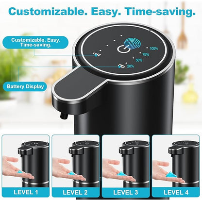 Automatic Soap Dispenser Touchless, 4-Level Adjustable 1200mAh, 12.8oz/380ml Wall or Countertop Mounted, Modern Electric Hand Soap Dispenser for Kitchen, Bathroom, Kids & Family - Black