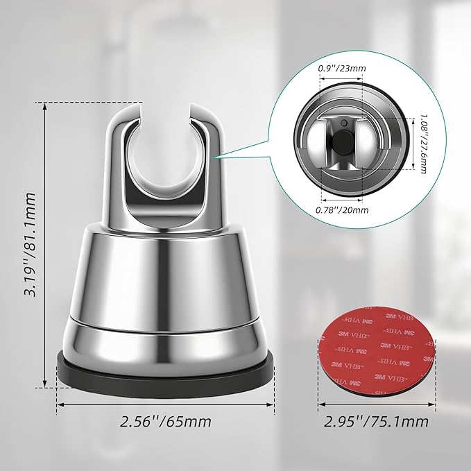 Hibbent 2 Pack Vacuum Suction Cup Shower Head Mount, Removable Shower Head Bracket, Height Adjustable Shower Wand Holder & Wall Mount ABS Plastic Suction Holder for Handheld Showerhead, Chrome