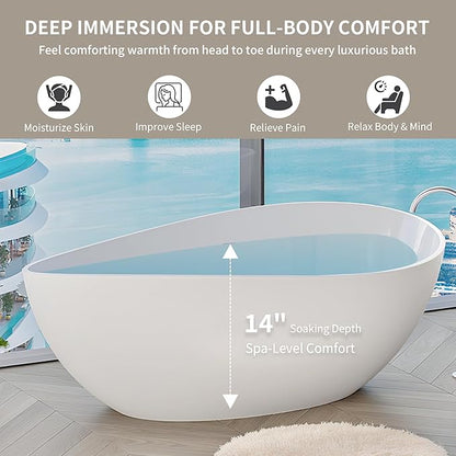 63" Freestanding Solid Surface Bathtub - Engineered Stone Resin Soaking Tub with Overflow & Pop-Up Drain, cUPC Certified Glossy White, 73-Gallon Capacity Deep Soak Tub Wavy for Modern Bathrooms