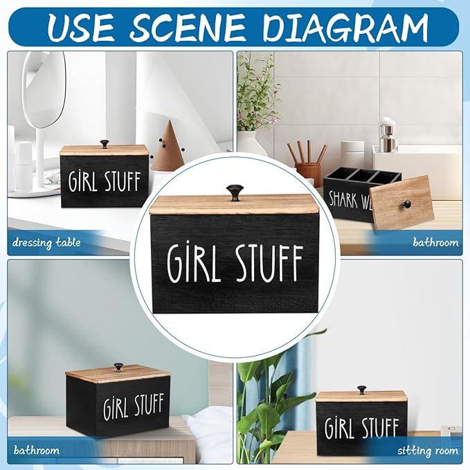 Wooden Tampon Storage Box for Bathroom, 3 Compartment Sanitary Napkin Organizer with Lid, Farmhouse Cotton Ball Holder, Feminine Product Container for Back of Toilet