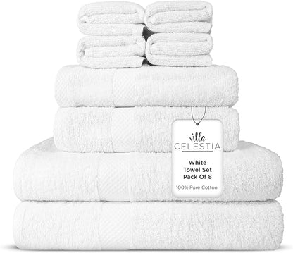 100% Combed Cotton Bathroom Towel Set of 8- 2 Bath Towels, 2 Hand Towels, 4 Wash Cloths, Sustainable, Soft, Highly Absorbent 8 Piece Cotton Bath Towel Set Ideal for Hotels, Spa, Bathroom, Dorm, White