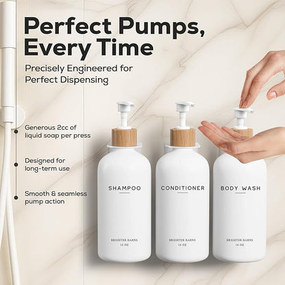 White Shampoo and Conditioner Dispenser Set Wall Mounted by Brighter Barns - Shower Dispenser 3 Chamber No Drill - Refillable Shampoo and Conditioner Bottles for Shower Wall in Airbnb, Hotel (White)